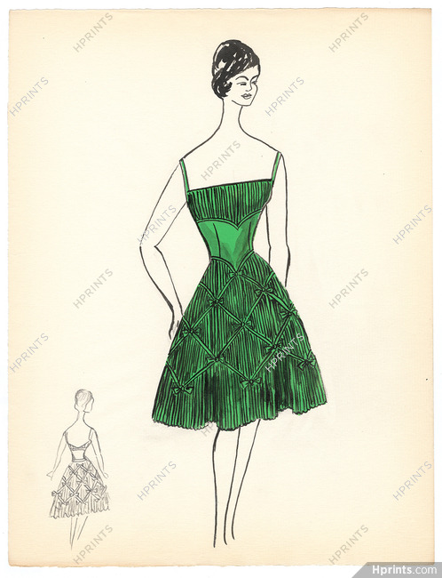 Blanche Bassia 1960 Original Fashion Drawing, Green Dress