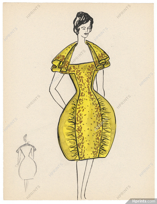 Blanche Bassia 1960 Original Fashion Drawing, Yellow Puffy Dress