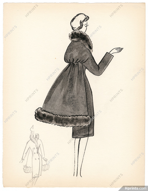 Blanche Bassia 1960 Original Fashion Drawing, Black Coat With Fur