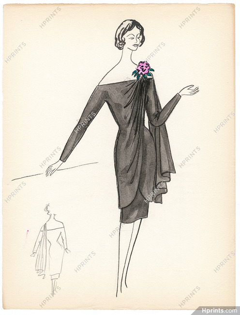 Blanche Bassia 1960 Original Fashion Drawing, Black Dress With Flower