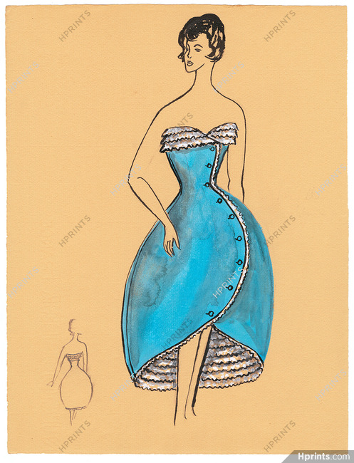 Blanche Bassia 1960 Original Fashion Drawing, Blue Dress