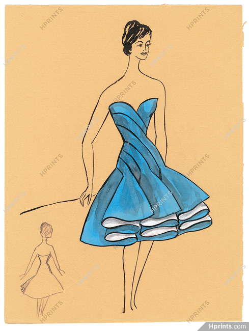 Blanche Bassia 1960 Original Fashion Drawing, Blue Dress