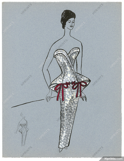 Blanche Bassia 1960 Original Fashion Drawing, White Dress Red Ribbons