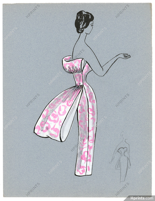 Blanche Bassia 1960 Original Fashion Drawing, White And Pink Dress