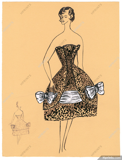 Blanche Bassia 1960 Original Fashion Drawing, Black Dress White Ribbons