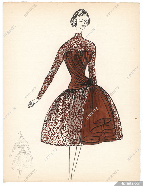 Blanche Bassia 1960 Original Fashion Drawing, Brown Dress