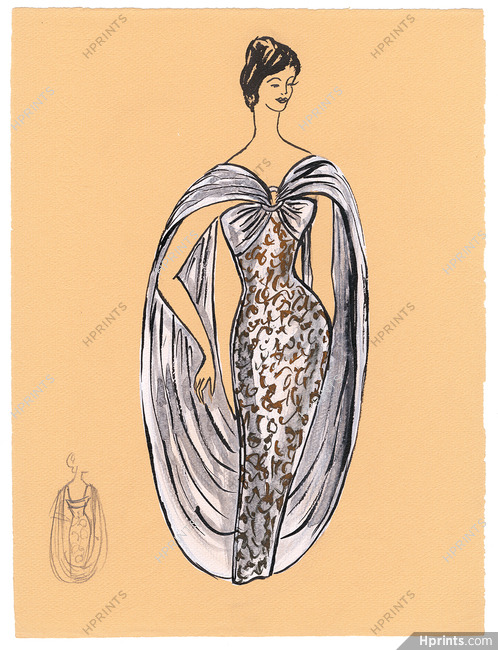 Blanche Bassia 1960 Original Fashion Drawing, White Evening Dress