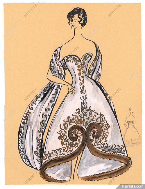 Blanche Bassia 1960 Original Fashion Drawing, White Evening Dress With Fur And Embroidery