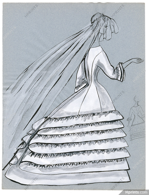 Blanche Bassia 1960 Original Fashion Drawing, Wedding Dress