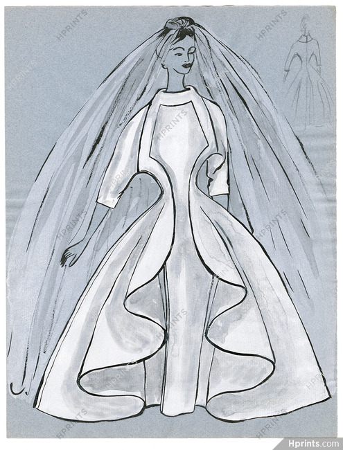 Blanche Bassia 1960 Original Fashion Drawing, Wedding Dress