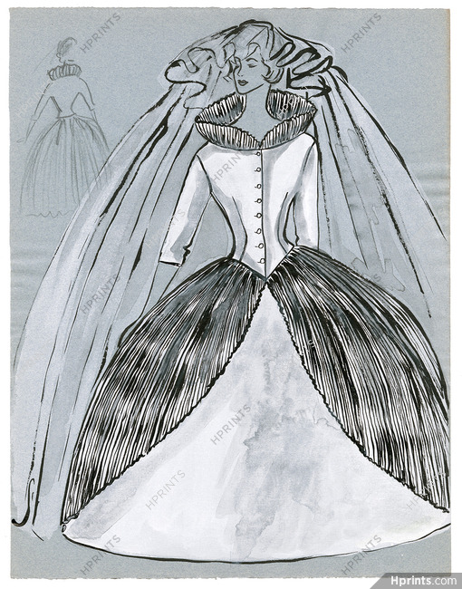 Blanche Bassia 1960 Original Fashion Drawing, Wedding Dress