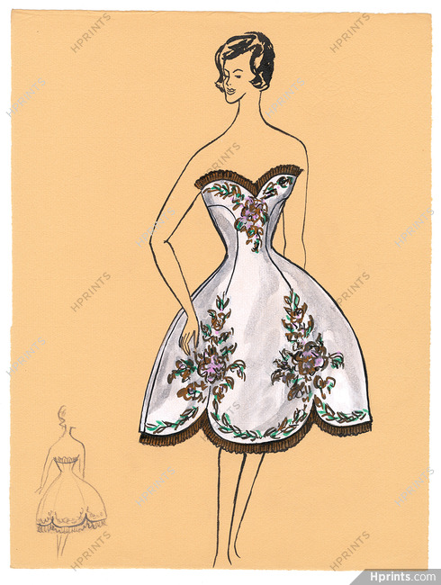 Blanche Bassia 1960 / 1961 Original Fashion Drawing, White Embroided Dress