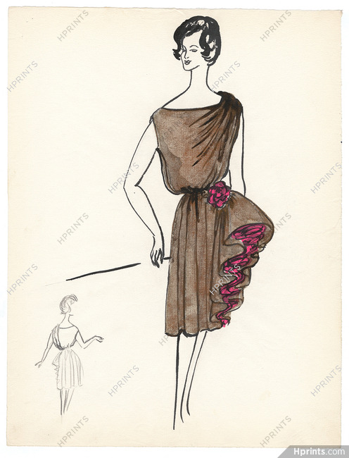 Blanche Bassia 1960 / 1961 Original Fashion Drawing, Brown Dress
