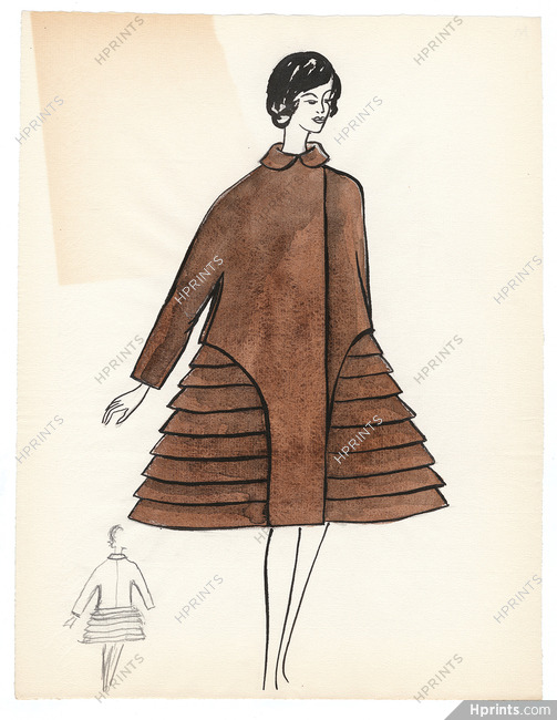 Blanche Bassia 1960 / 1961 Original Fashion Drawing, Brown Coat