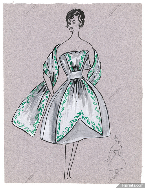 Blanche Bassia 1960 / 1961 Original Fashion Drawing, White Embroided Dress