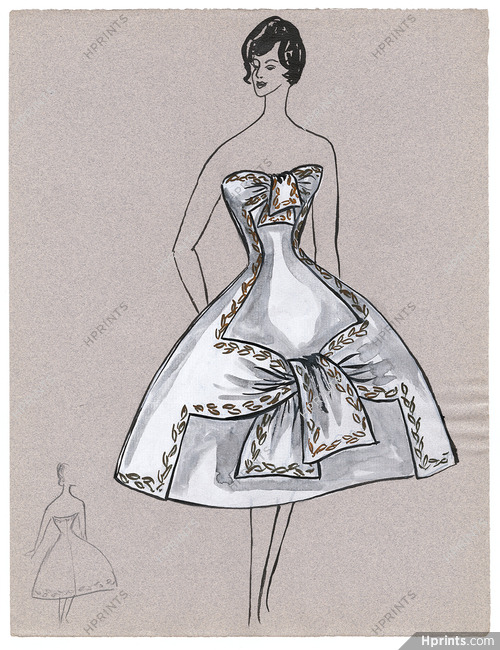 Blanche Bassia 1960 / 1961 Original Fashion Drawing, White Embroided Dress