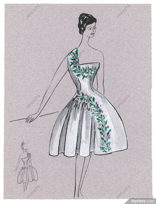 Blanche Bassia 1960 / 1961 Original Fashion Drawing, White Embroided Dress