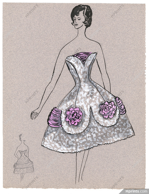 Blanche Bassia 1960 / 1961 Original Fashion Drawing, White Lace And Pink Dress