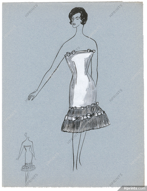 Blanche Bassia 1960 / 1961 Original Fashion Drawing, White Dress With Ribbons