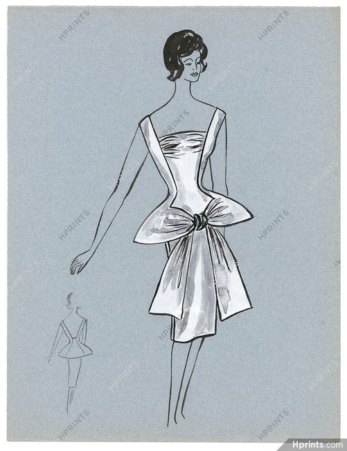 Blanche Bassia 1960 / 1961 Original Fashion Drawing, White Dress With Bow