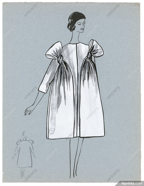 Blanche Bassia 1960 / 1961 Original Fashion Drawing, White Tunic With Ribbons