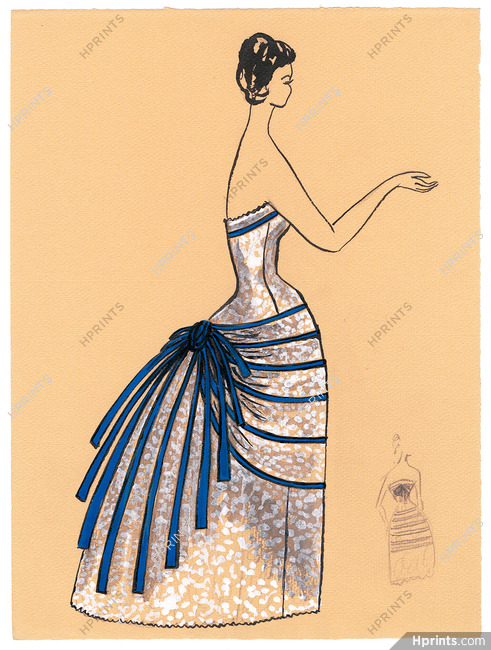 Blanche Bassia 1960 / 1961 Original Fashion Drawing, Evening Dress Blue Ribbons