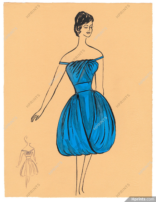 Blanche Bassia 1960 / 1961 Original Fashion Drawing, Blue Dress