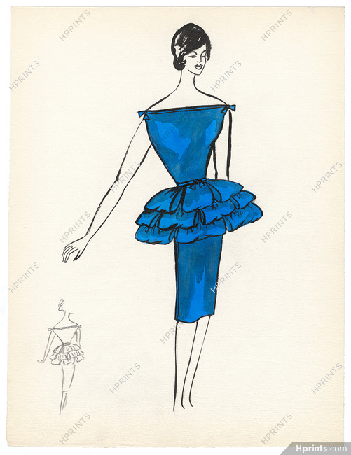 Blanche Bassia 1960 / 1961 Original Fashion Drawing, Blue Dress
