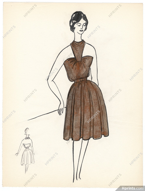 Blanche Bassia 1960 / 1961 Original Fashion Drawing, Brown Dress