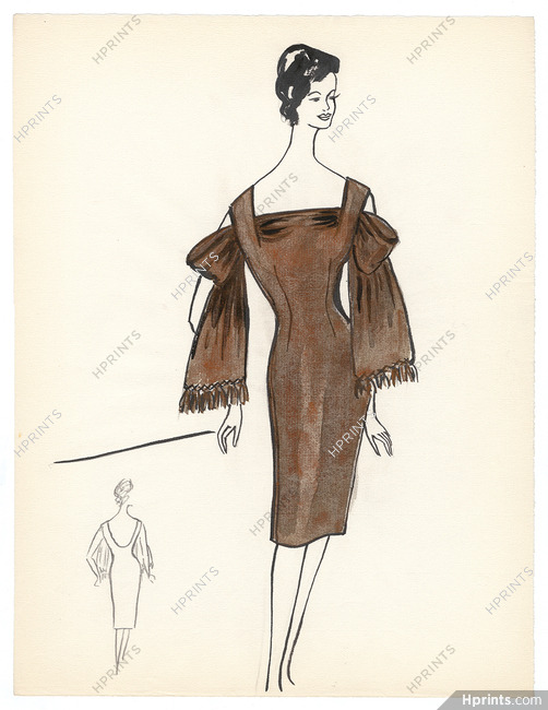 Blanche Bassia 1960 / 1961 Original Fashion Drawing, Brown Dress