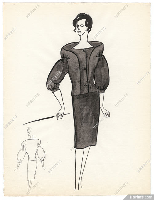 Blanche Bassia 1960 / 1961 Original Fashion Drawing, Black Suit