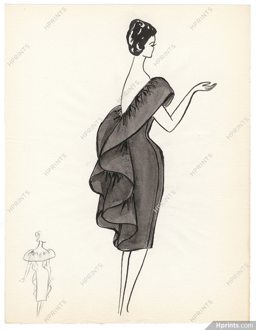Blanche Bassia 1960 / 1961 Original Fashion Drawing, Black Ruffled Dress