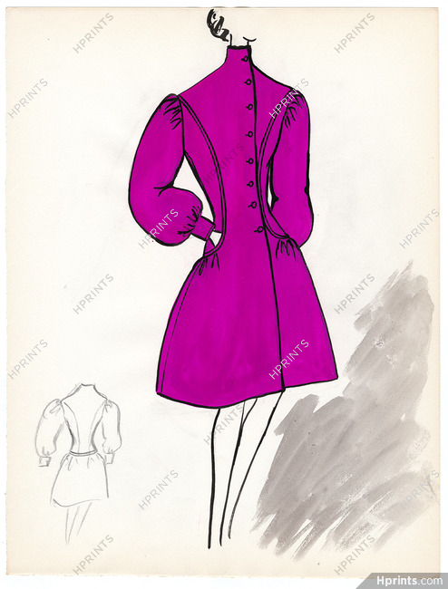 Blanche Bassia 1965 / 1970 Original Fashion Drawing, Fuchsia