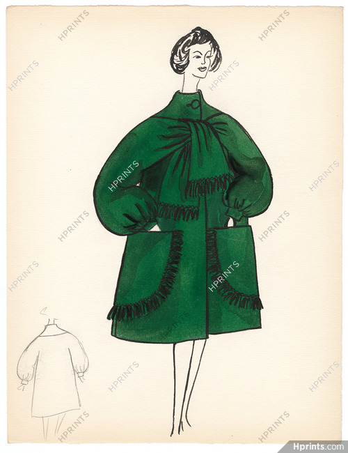 Blanche Bassia 1965 / 1970 Original Fashion Drawing, Green Coat