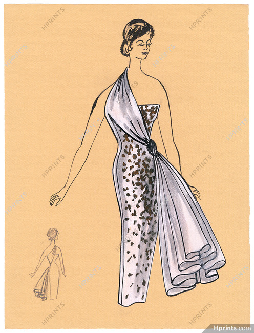 Blanche Bassia 1965 / 1970 Original Fashion Drawing, White Evening Gown
