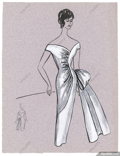 Blanche Bassia 1965 / 1970 Original Fashion Drawing, White Evening Dress