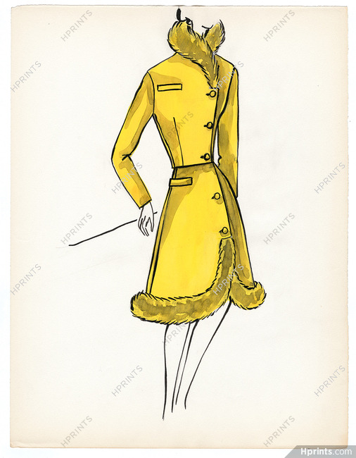 Blanche Bassia 1965 / 1970 Original Fashion Drawing, Yellow