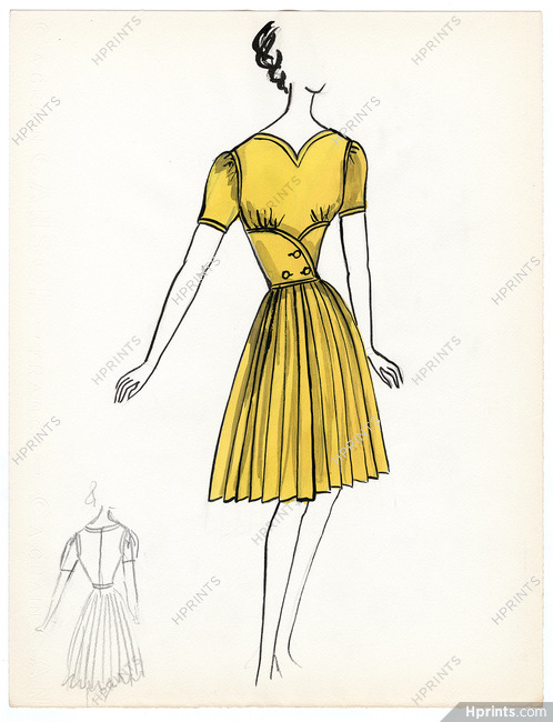 Blanche Bassia 1965 / 1970 Original Fashion Drawing, Yellow