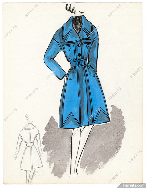 Blanche Bassia 1965 / 1970 Original Fashion Drawingn, Blue Coat