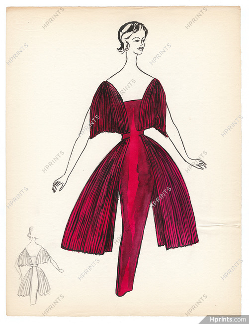 Blanche Bassia 1965 / 1970 Original Fashion Drawing, Red Evening Dress