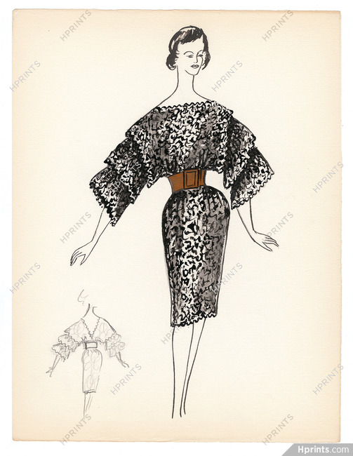 Blanche Bassia 1965 / 1970 Original Fashion Drawing, Black Lace Dress