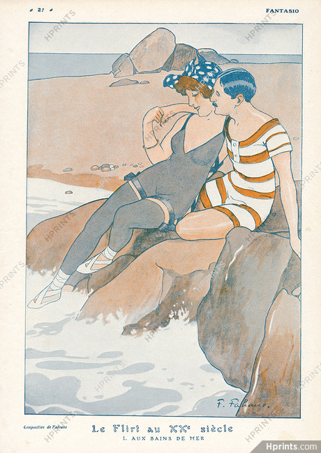 Fabien Fabiano 1911 "Le flirt au XXème siècle" Flirtation, Bathing Beauty, lovers