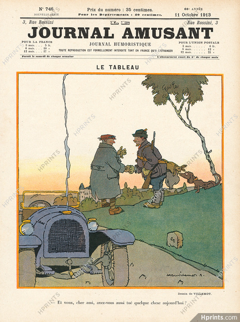 Jean Villemot 1913 Automobile Hunter Discussing Kills, Le Journal Amusant