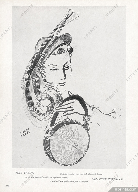 Rose Valois (Millinery) 1949 Feathers Hat, Pierre Pagès, Violette Cornille Handbag