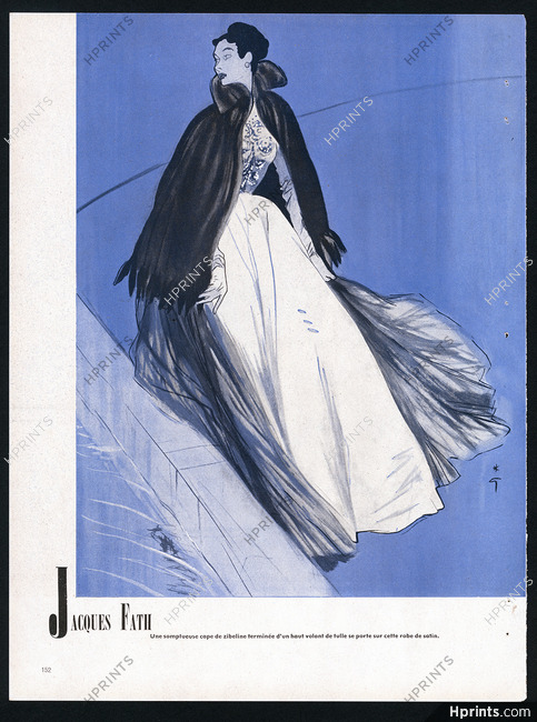 Jacques Fath 1948 Fur Cape, Evening Gown, René Gruau