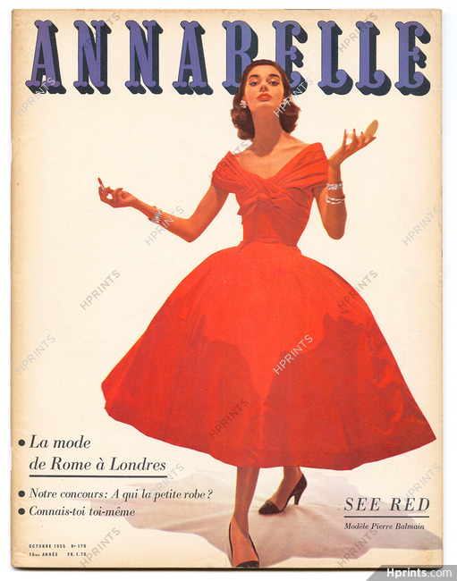 Annabelle 1955 Octobre, N°176 La Mode de Rome à Londres, Cover Balmain Red Dress