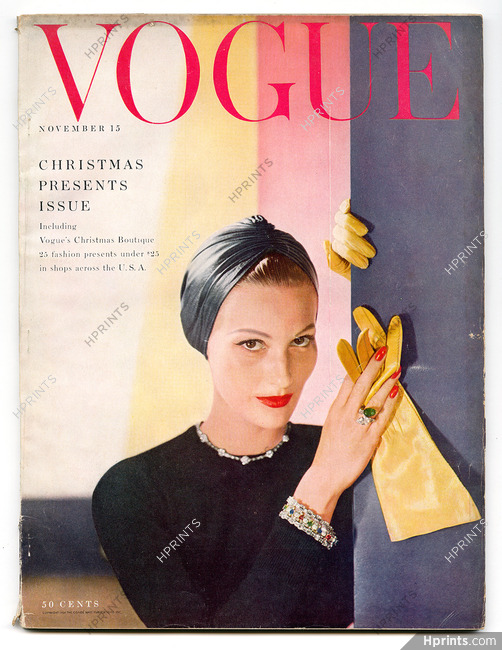 US Vogue November 15, 1954 Christmas Presents, Cover Horst, Cartier, William Klein, Herbert Matter Perfumes, René Gruau Miss Dior Ad