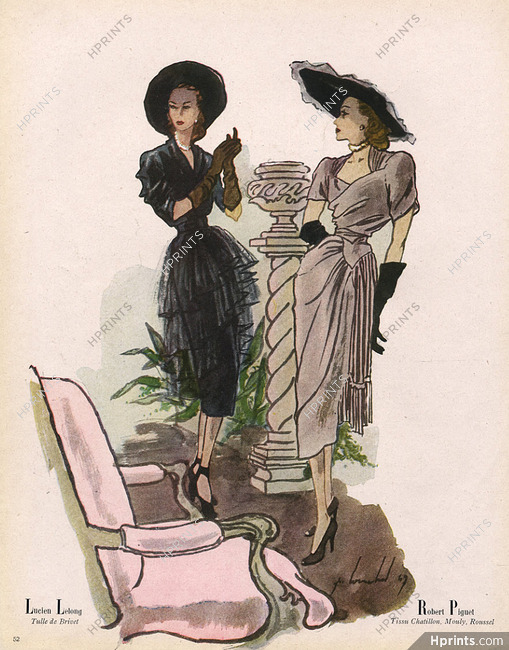 Louchel 1947 Lucien Lelong & Robert Piguet Fashion Illustration