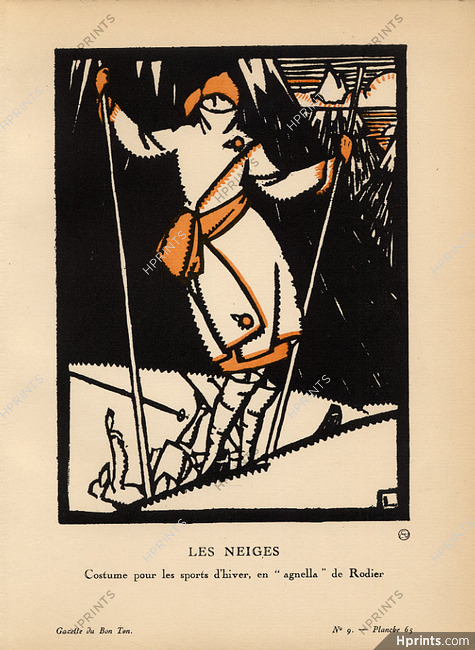 Les Neiges, 1921 - Maurice Leroy, Costume pour les sports d'hiver, en "agnella" de Rodier. La Gazette du Bon Ton, n°9 — Planche 65