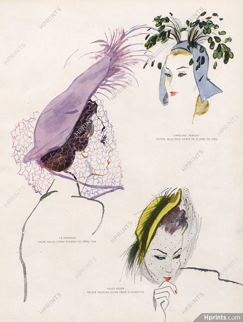 Mourgue 1947 Reboux, Le Monnier & Maud Roser Hats Fashion Illustration